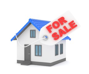 Miniature model of house real estate for sale label on white background. 3D rendering.