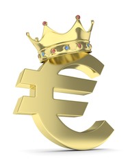 Isolated golden euro sign with golden crown and gems on white background. Concept of making profit, income. Currency sign. European money. 3D rendering.