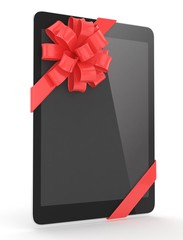 Black tablet with red bow. 3D rendering.