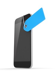 Smart phone with blue price tag on white background. Identification, price, label. 3D rendering.
