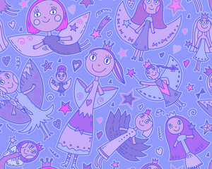 Vector seamless pattern with cute fairies in children drawing 