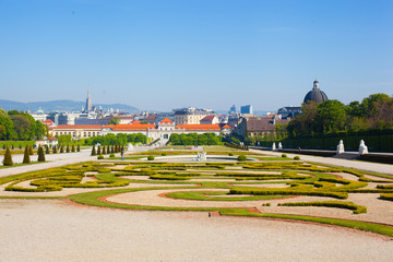 Beautiful view of famous Schloss Belvedere, built by Johann Lukas von Hildebrandt as a summer residence for Prince Eugene of Savoy, in Vienna, Austria