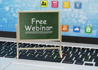 Obraz premium Laptop with chalkboard, free webinar, online education concept. 3d rendering.