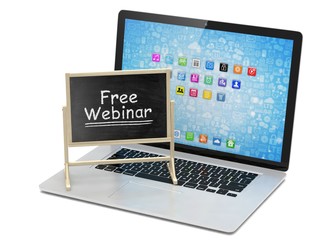 Laptop with chalkboard, free webinar, online education concept. 3d rendering.