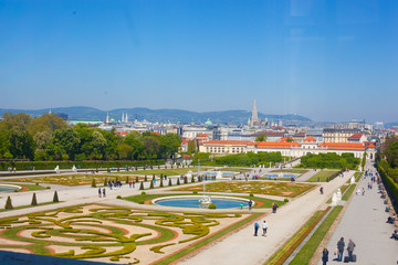Beautiful view of famous Schloss Belvedere, built by Johann Lukas von Hildebrandt as a summer residence for Prince Eugene of Savoy, in Vienna, Austria - obrazy, fototapety, plakaty