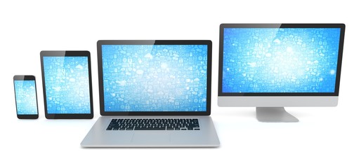 Responsive web design, laptop, smartphone, tablet, computer, display. 3d rendering.