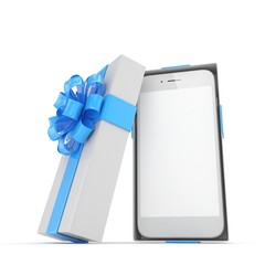 Smartphone in gift box. Isolated on white background. 3d rendering.