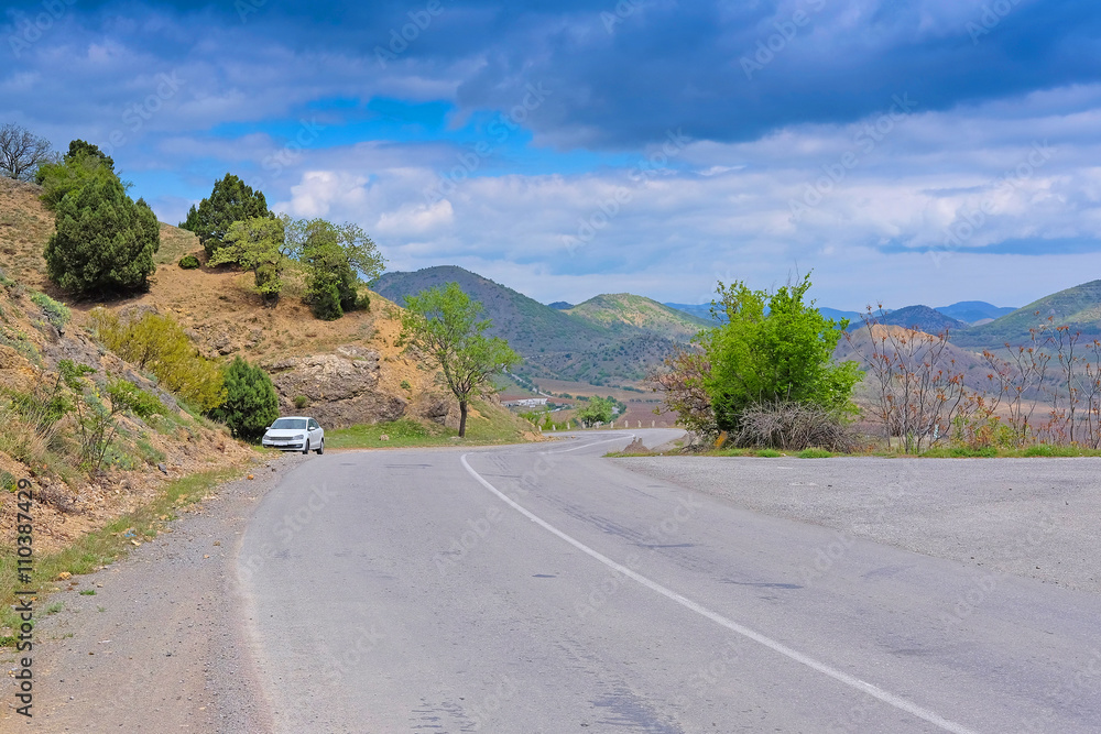 Sticker sudak, the crimea - april, 2016: mountain road in east crimea