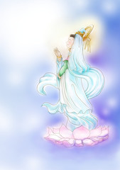 Watercolor  illustration of Guanyin, an east asian spiritual figure of mercy  