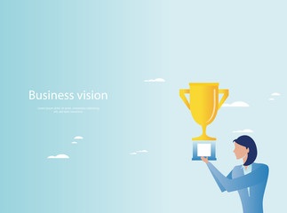 Triumph in business. Businesswoman holding trophy
