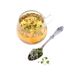 thyme tea with fresh bunches thyme, thyme inside glass cup, isolated on white background