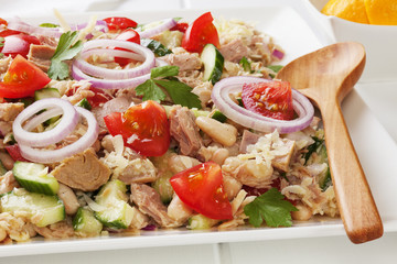 Tuscan bean and tuna salad with tomatoes,cucumber, parmesan and lemon vinaigrette, on a square white platter.