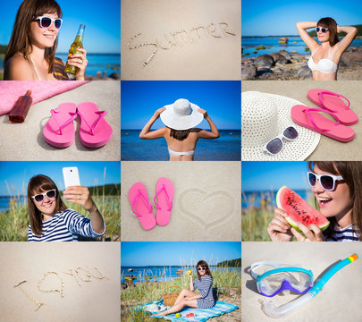 summer concept - pictures of happy woman on the beach