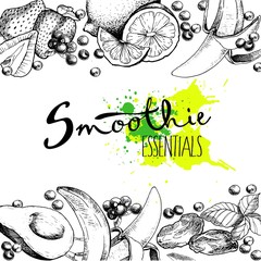 Vector set of fruits and vegetables for detox smoothie. Vegetarian helthy treating hand drawn border pattern illustration. Use for bar, coctail, flyer, banner, store