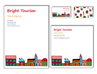 Corporate Identity vector templates set with doodles houses and cottages.