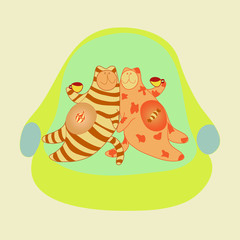 Picture with cats drinking tea in a pleasant atmosphere