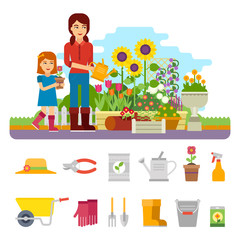 Woman gardener plants a flower and takes care of the flower garden. Mom and daughter plant flowers, watering flower garden. Gardening vector flat illustration, infographic elements with garden tools.