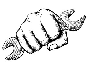 Woodcut Fist Hand Holding Spanner Wrench