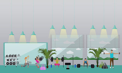 Fitness center interior vector illustration. People work out in gym horizontal banners. Sport activities concept. 
