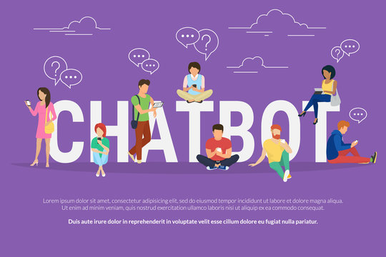 Chatbot concept illustration of young various people using mobile gadgets such as tablet pc and smartphone for chatting with chatter robot. Flat design of guys and women standing near big letters