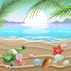 Summer illustration - sea inhabitants on a beach sand against a sunny seascape.
