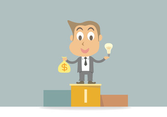 Business man on winning podium. Business concept cartoon character.
