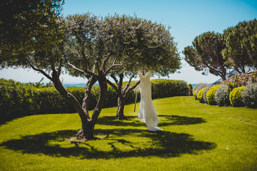 Wedding dress hanging on a tree