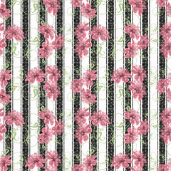 Floral seamless pattern in retro style, pink flowers white black background stripe