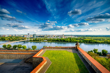 Bratislava cityscape view on the southern part of the city with modern bridge and Danube river from...