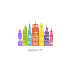 Colorful Modern Big City with Buildings and Skyscraper, Architecture Megapolis, City Financial Center , Flat , Architecture Concept, Logo Design Element, Emblem for Real Estate , Vector 