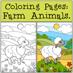 Naklejka premium Coloring Pages: Farm Animals. Little cute sheep.