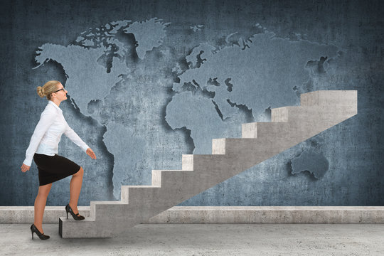 Business person stepping up a staircase. business concept
