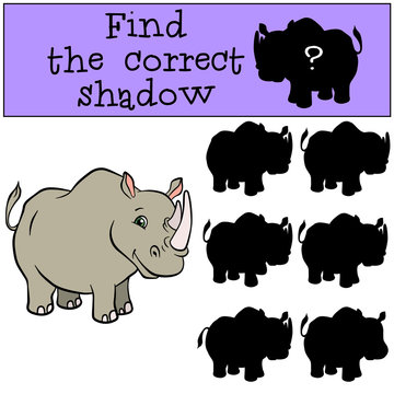 Children games: Find the correct shadow. Cute rhinoceros.