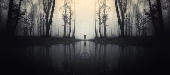 Gordijnen bos met weerspiegeling in meer en man silhouet © andreiuc88