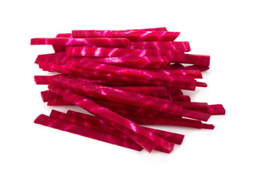Fresh beetroot slices closeup isolated on white background