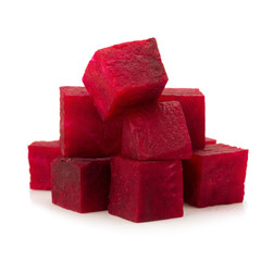 Fresh beetroot cube slices closeup isolated on white background