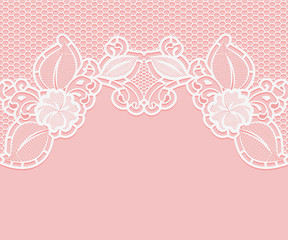 Lace pattern on a pink background. White flowers and leaves with an openwork mesh