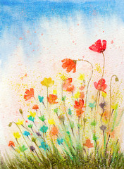 hand painted watercolor poppies flowers with textured color drops