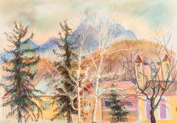 Spruses near mountains