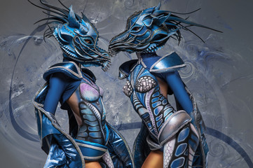 Two Women with beautiful blue dragons body-art and masks