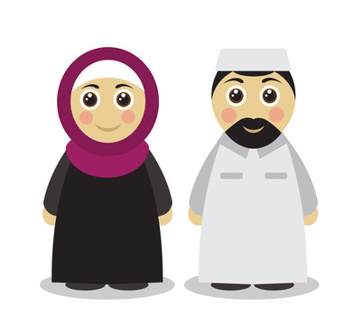 Cute Cartoon Muslim man and woman in traditional Islamic clothing on a white background