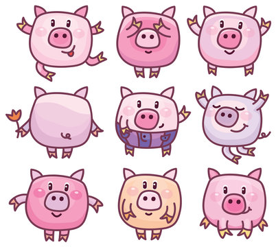 Vector cute pigs cartoons isolated.
