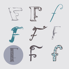 Original letters F set, isolated on light gray background. Alphabet symbols, editable, hand drawn, creative, in different variations, Italic, 3d, freehand, drawn with brush and nib vector Illustration