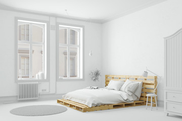 Palettenbett aus Holz im Schlafzimmer