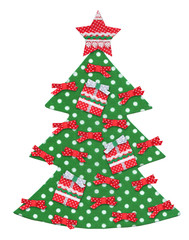 Handmade isolated Christmas tree decorated with star, ribbons an
