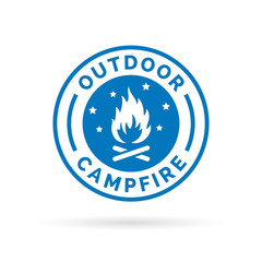 Outdoor campfire icon with wood fire and stars symbol stamp. Vector illustration.