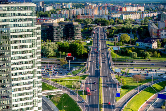 Bratislava cityscape view on the residential district with modern office building and roads from the modern bridge in Slovakia