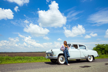 girl and retro car