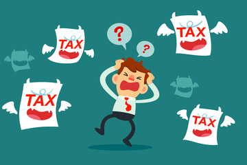 businessman get confused and surrounded by tax monsters