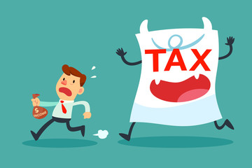 businessman with small income running away from tax paper monste